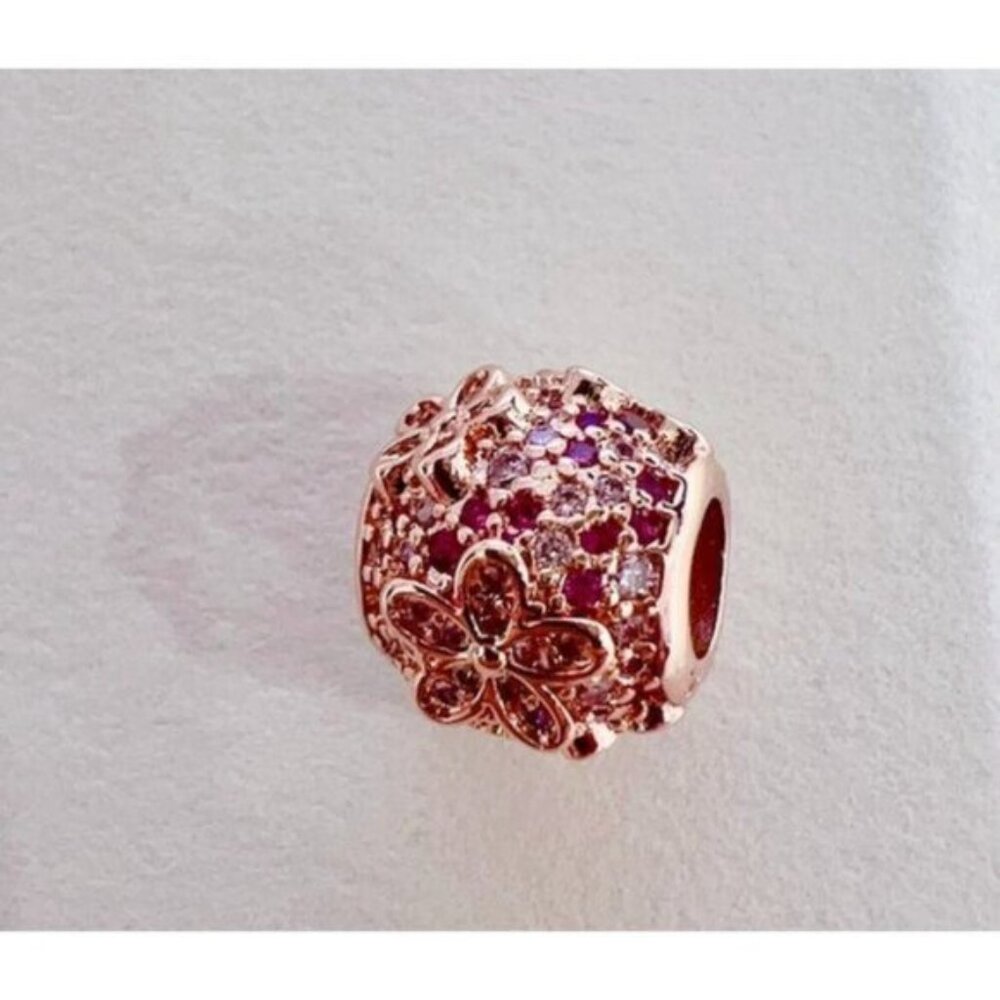 Pink Pavé Daisy Flower Charm - 14k rose gold - Fits Pandora Charm Bracelets - Picture 7 of 11